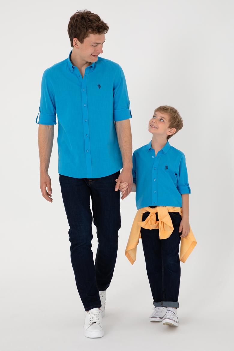 Erkek Mavi Keten Görünümlü Basic Gömlek