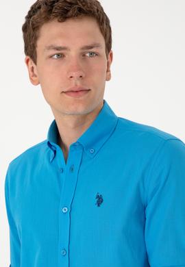 Erkek Mavi Keten Görünümlü Basic Gömlek - 50306285109