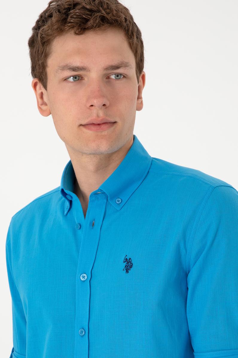 Erkek Mavi Keten Görünümlü Basic Gömlek