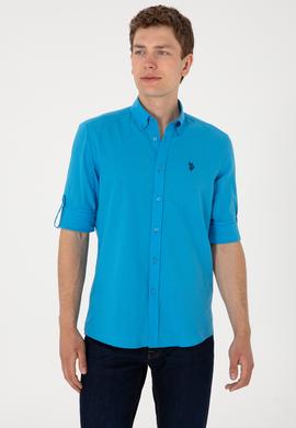 Erkek Mavi Keten Görünümlü Basic Gömlek - 50306285109