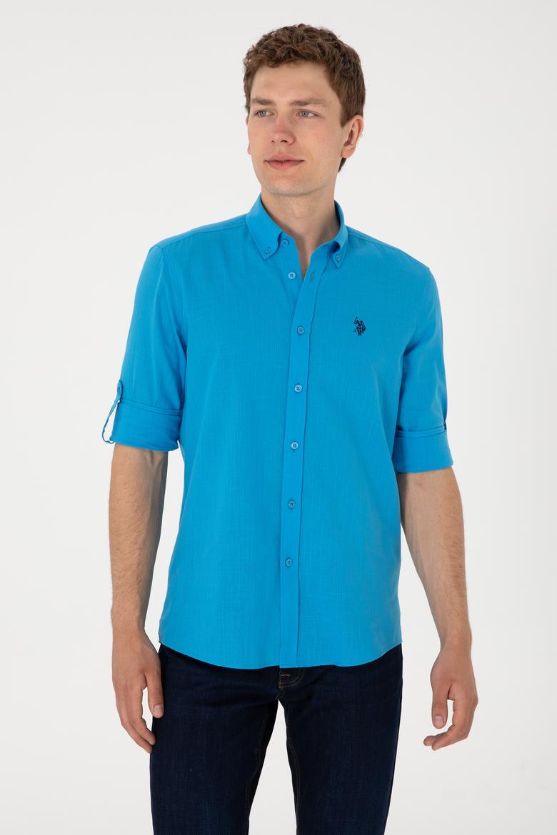 Erkek Mavi Keten Görünümlü Basic Gömlek - 50306285109