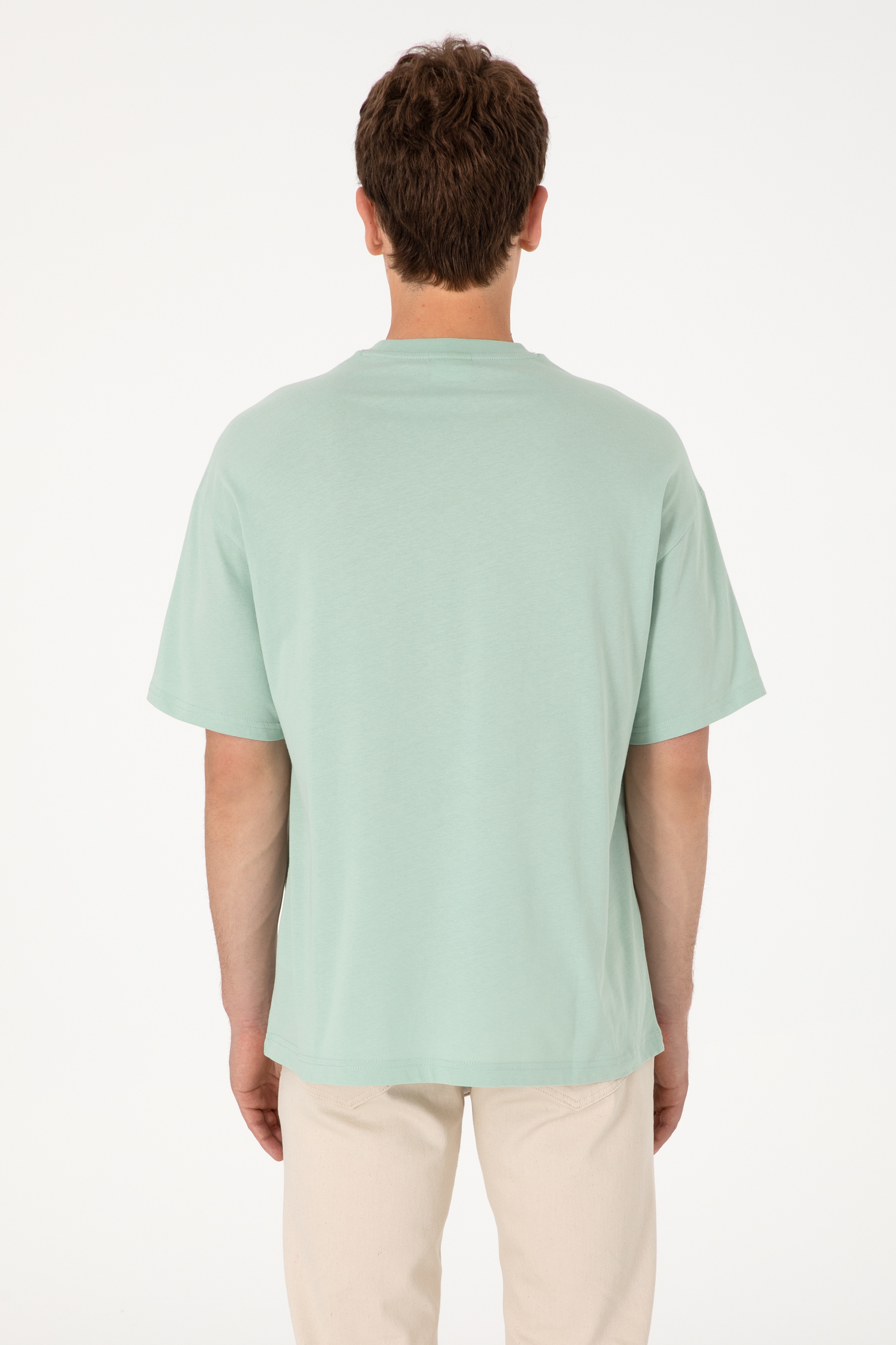 Erkek Oversize Fit Bisiklet Yaka Su Yeşili Tişört - Image 7