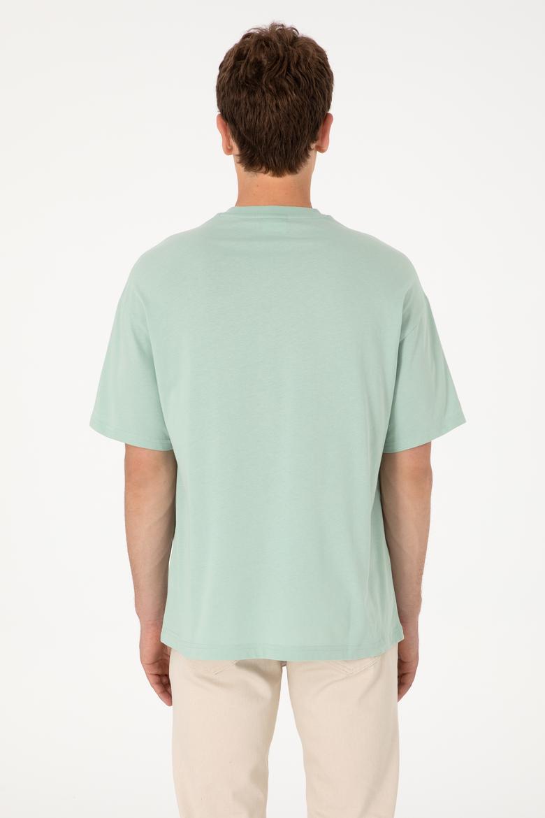 Erkek Oversize Fit Bisiklet Yaka Su Yeşili Tişört - 50305904102
