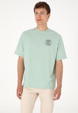 Erkek Oversize Fit Bisiklet Yaka Su Yeşili Tişört - 50305904102