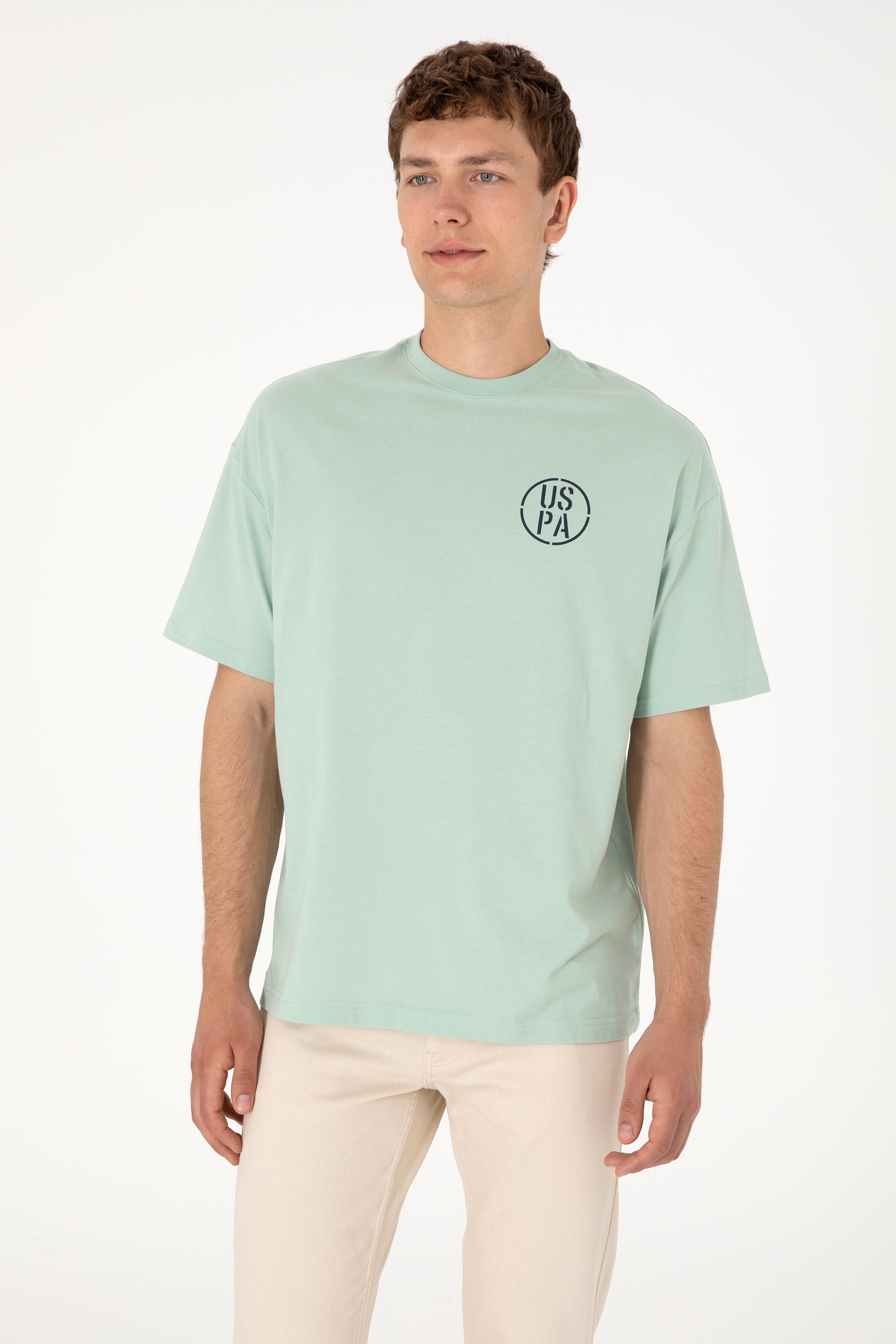 Erkek Oversize Fit Bisiklet Yaka Su Yeşili Tişört - Image 5