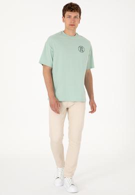 Erkek Oversize Fit Bisiklet Yaka Su Yeşili Tişört - 50305904102