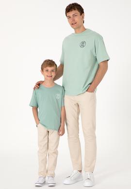 Erkek Oversize Fit Bisiklet Yaka Su Yeşili Tişört - 50305904102