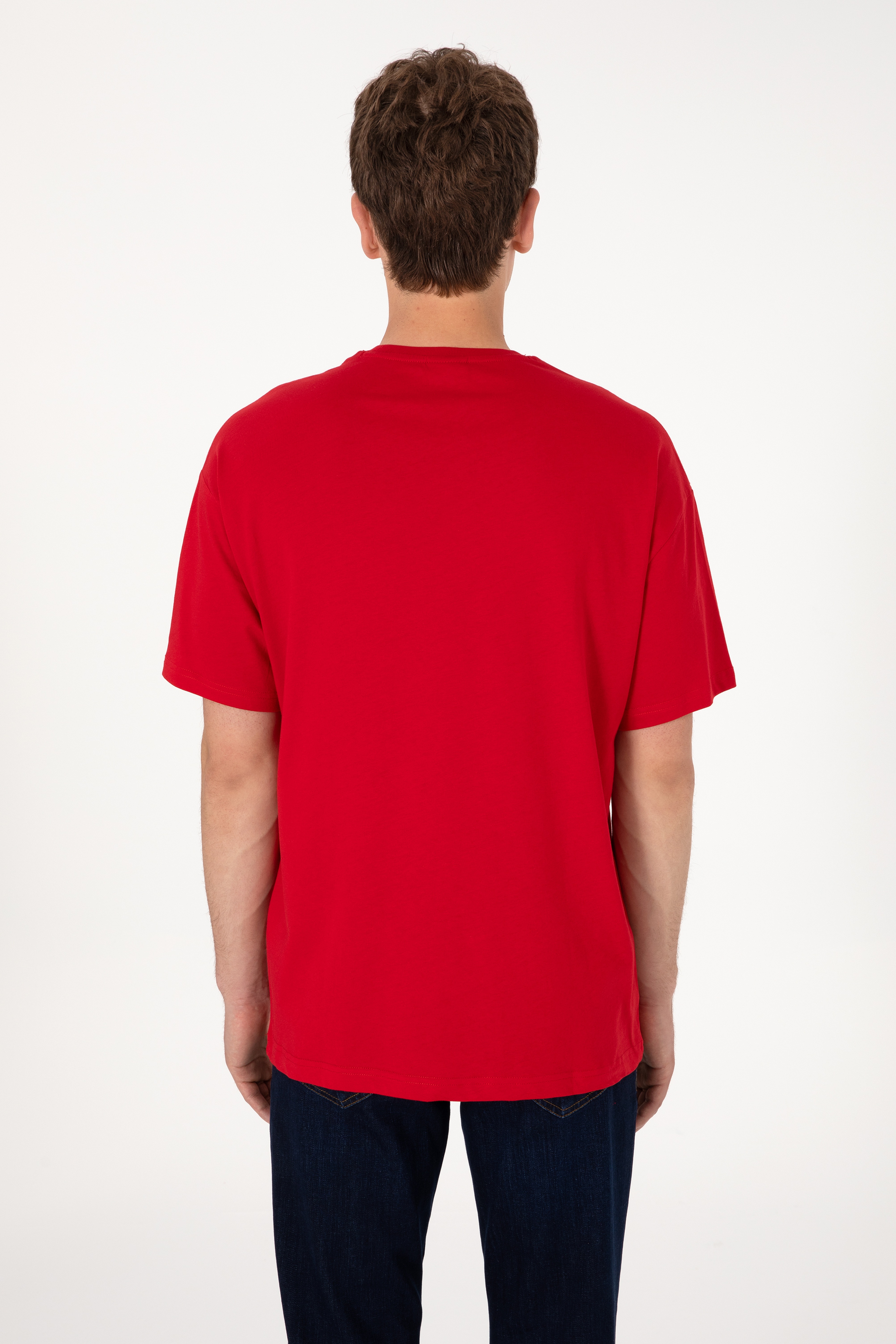 Erkek Oversize Fit Bisiklet Yaka Kırmızı Tişört - Image 7
