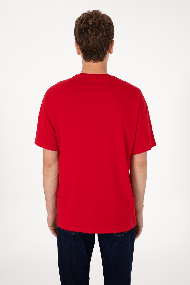 Erkek Oversize Fit Bisiklet Yaka Kırmızı Tişört - 50305923067