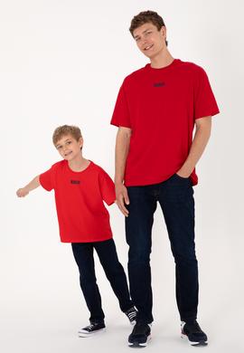 Erkek Oversize Fit Bisiklet Yaka Kırmızı Tişört - 50305923067