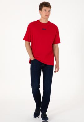 Erkek Oversize Fit Bisiklet Yaka Kırmızı Tişört - 50305923067