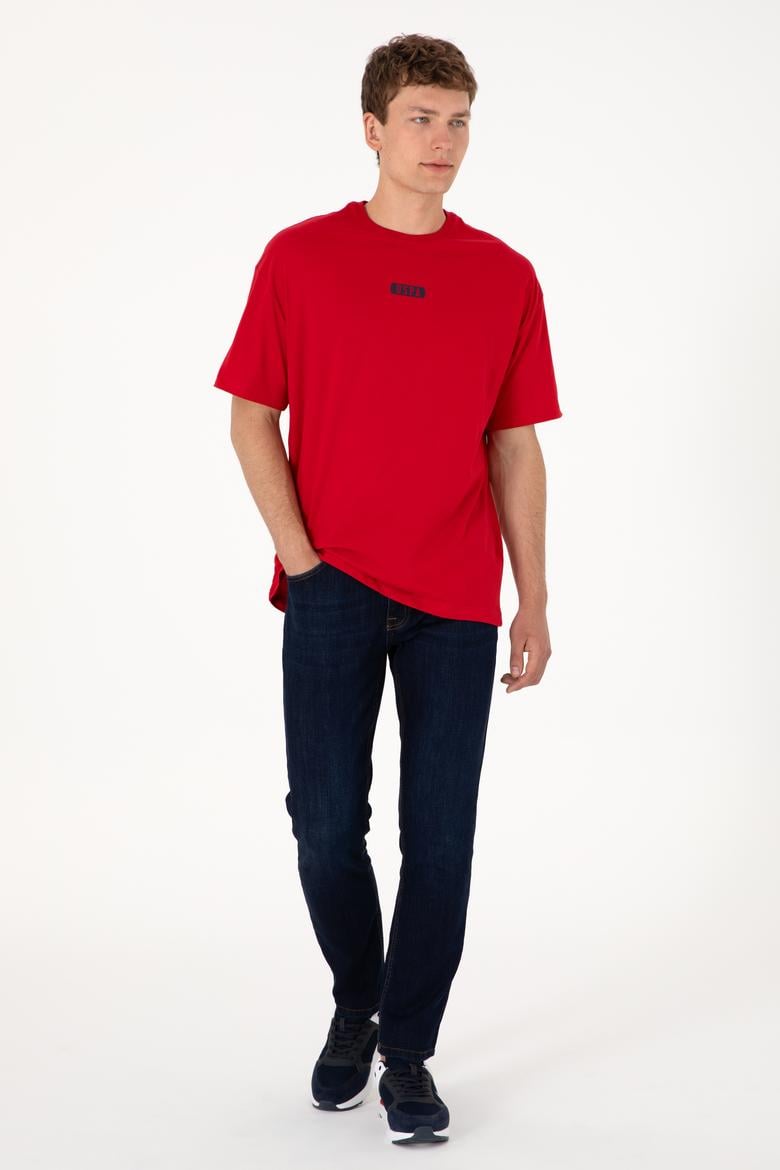 Erkek Oversize Fit Bisiklet Yaka Kırmızı Tişört - 50305923067