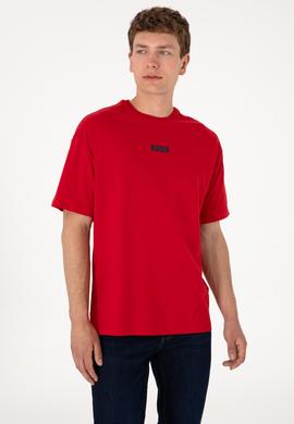 Erkek Oversize Fit Bisiklet Yaka Kırmızı Tişört - 50305923067