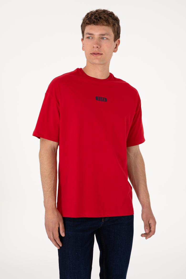 Erkek Oversize Fit Bisiklet Yaka Kırmızı Tişört - 50305923067