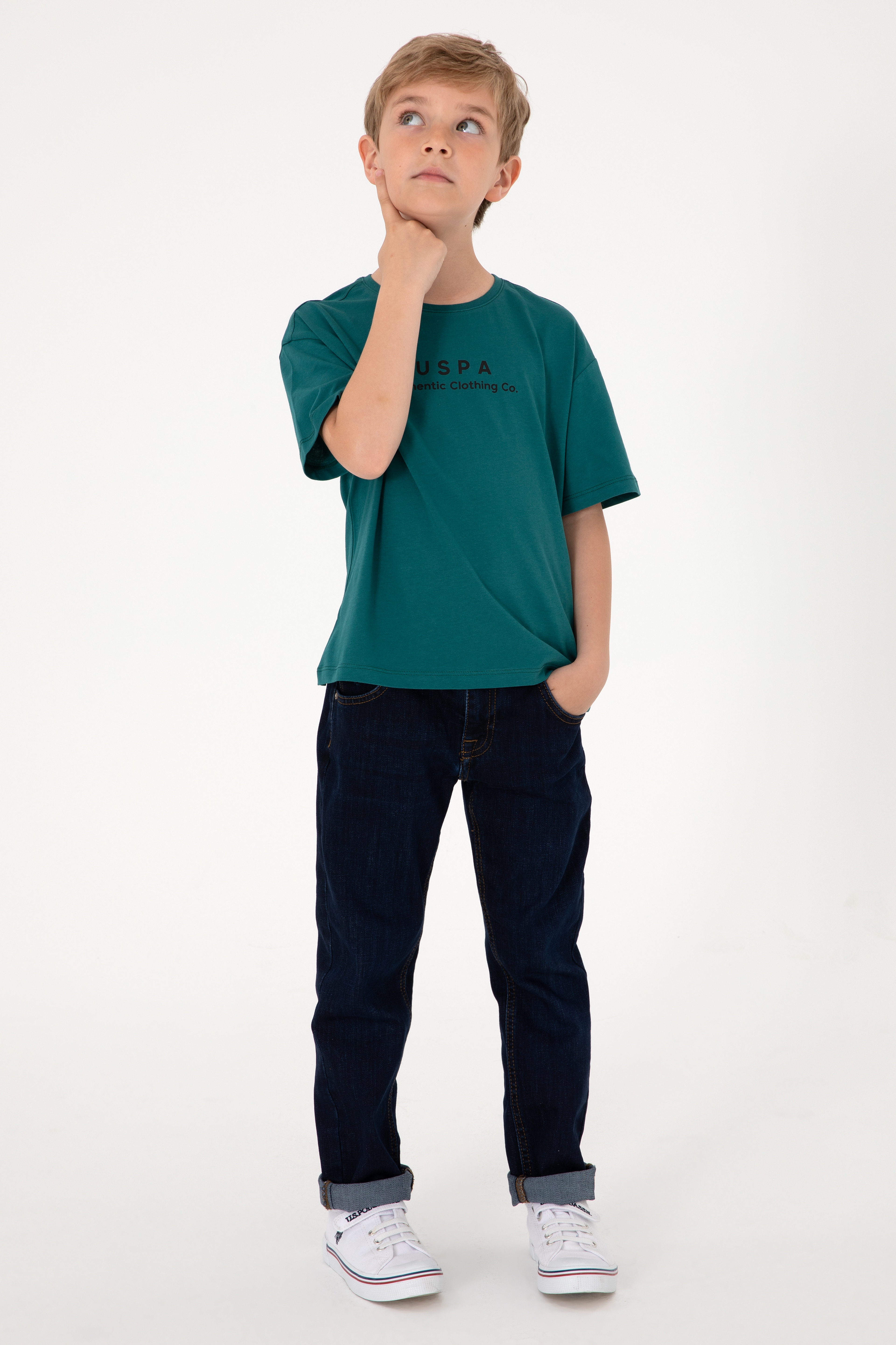 Erkek Çocuk Koyu Yeşil Comfort Basic Bisiklet Yaka Tişört - Image 1