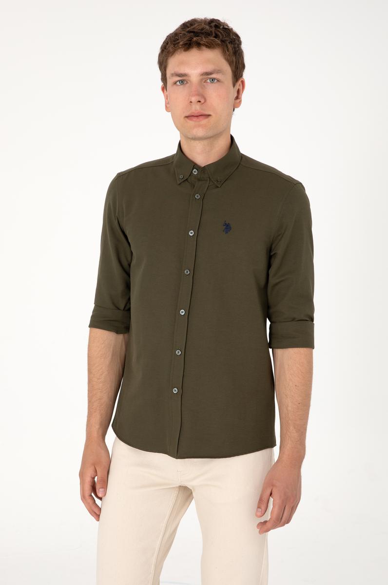 Erkek Koyu Haki Uzun Kollu Basic Gömlek