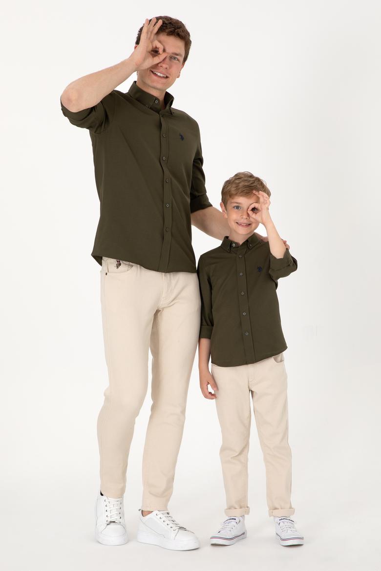 Erkek Koyu Haki Uzun Kollu Basic Gömlek