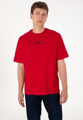 Erkek Oversize Fit Bisiklet Yaka Kırmızı Tişört - 50305923067