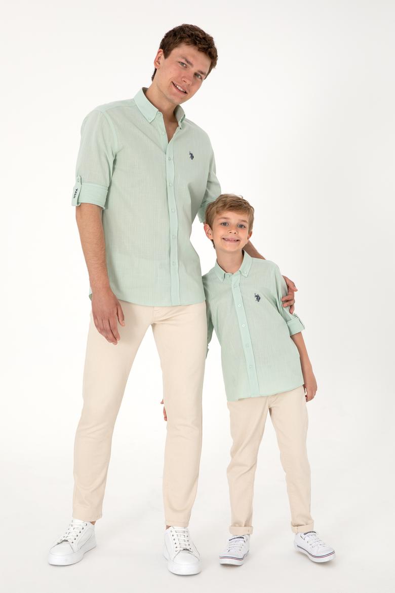 Erkek Su Yeşili Keten Görünümlü Basic Gömlek - 50306285104