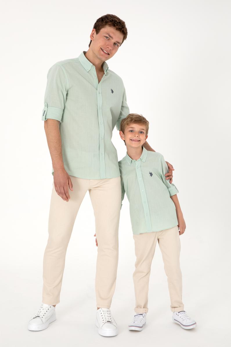 Erkek Su Yeşili Keten Görünümlü Basic Gömlek