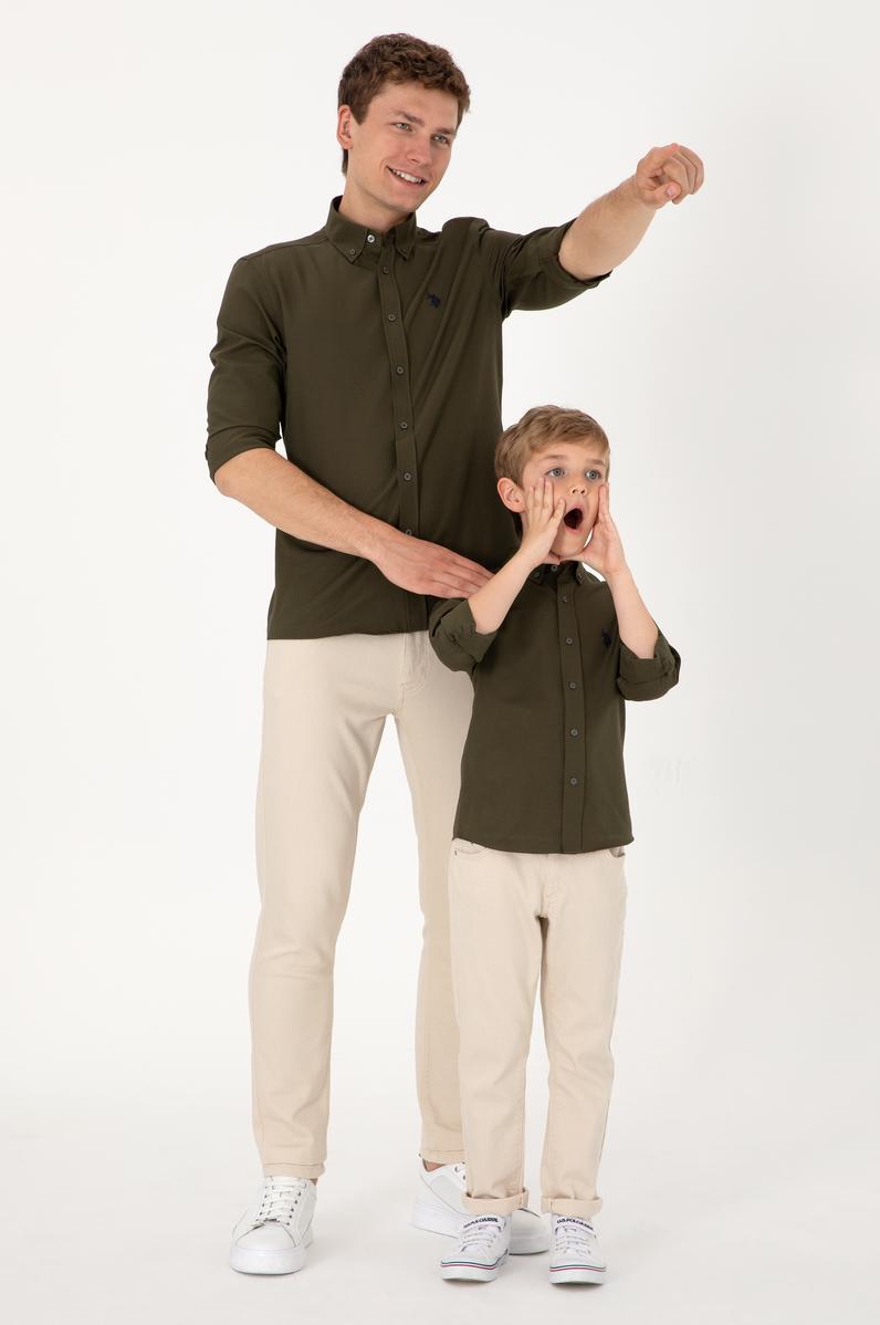 Erkek Çocuk Koyu Haki Uzun Kollu Basic Gömlek