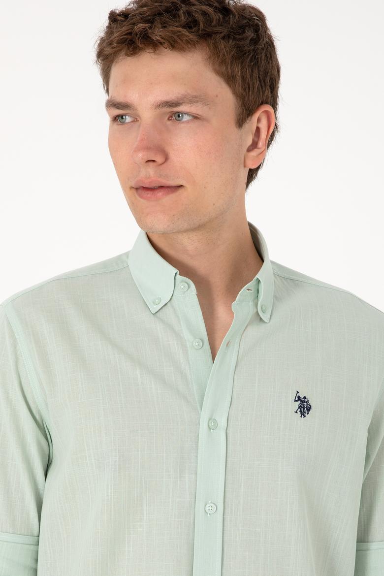 Erkek Su Yeşili Keten Görünümlü Basic Gömlek - 50306285104