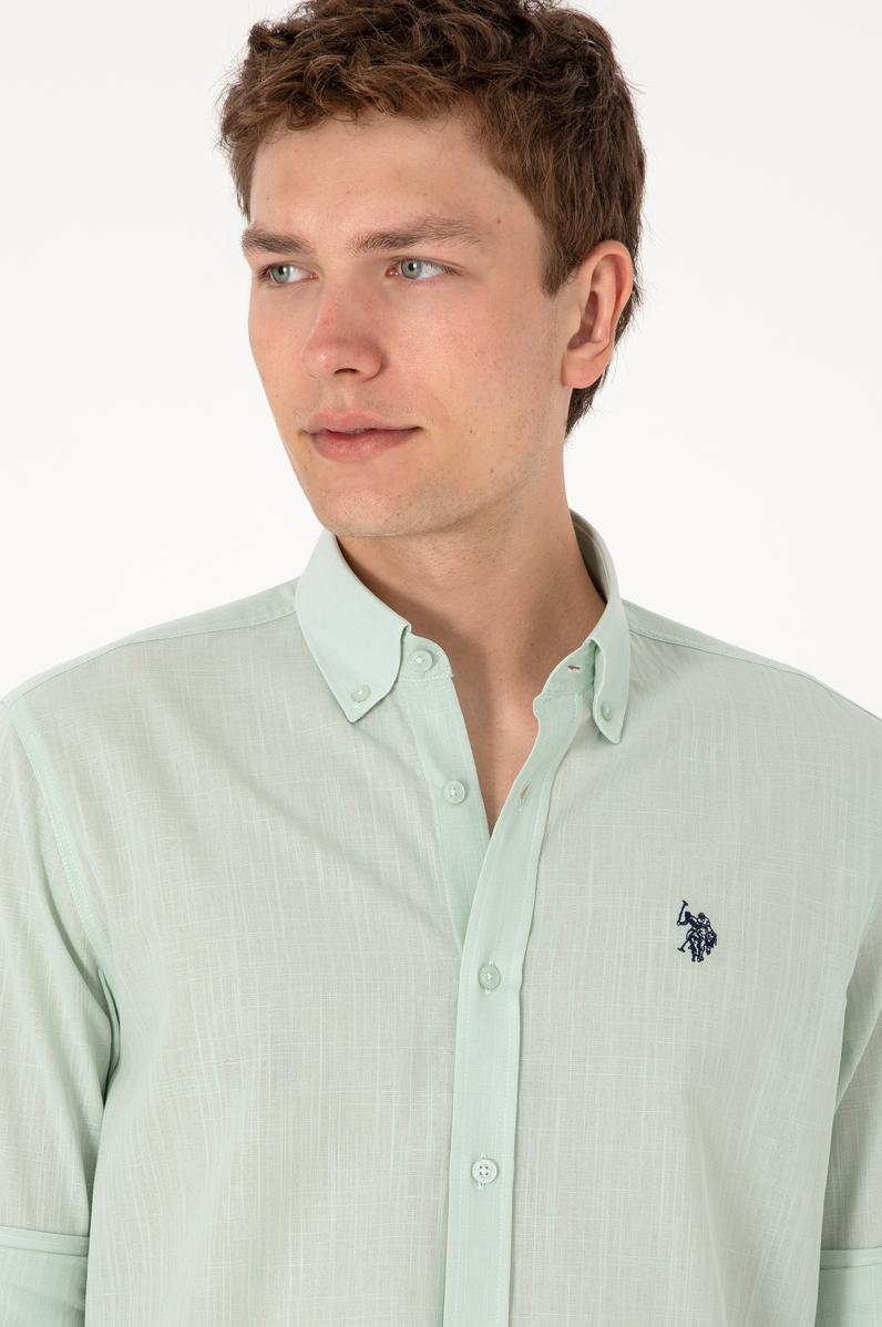 Erkek Su Yeşili Keten Görünümlü Basic Gömlek