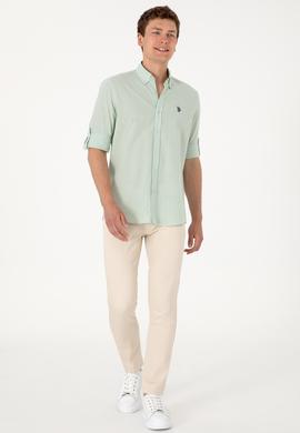 Erkek Su Yeşili Keten Görünümlü Basic Gömlek - 50306285104