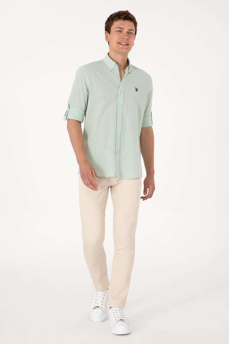 Erkek Su Yeşili Keten Görünümlü Basic Gömlek - 50306285104