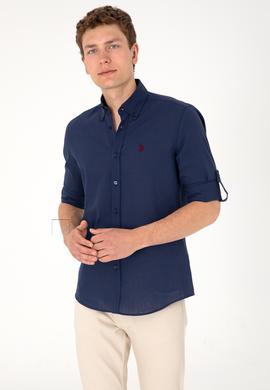 Erkek Lacivert Keten Görünümlü Basic Gömlek - 50306285014