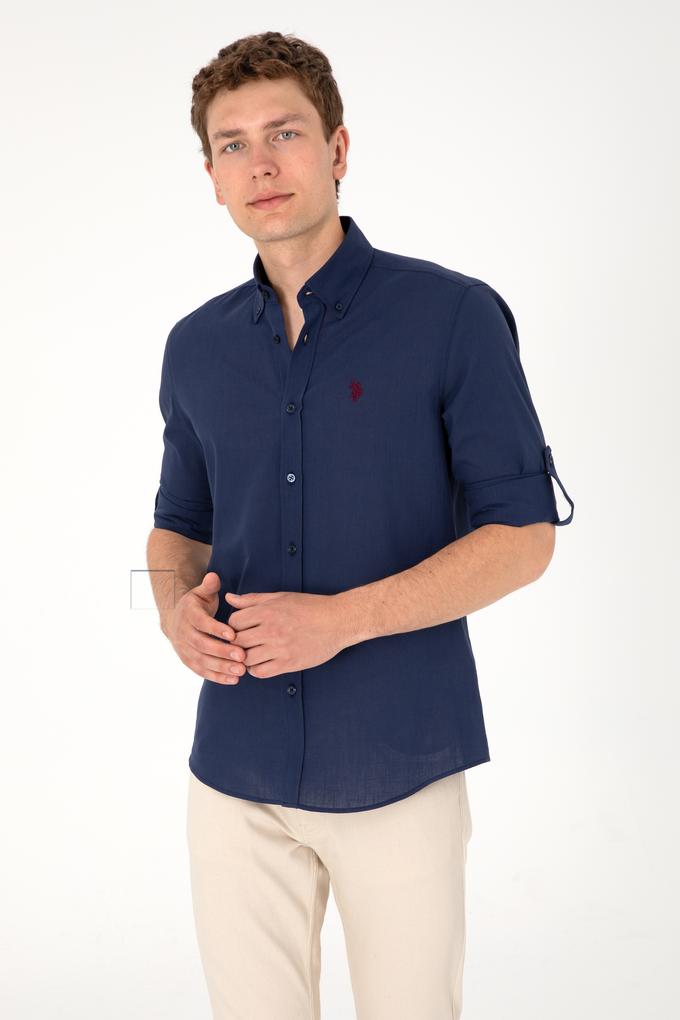 Erkek Lacivert Keten Görünümlü Basic Gömlek