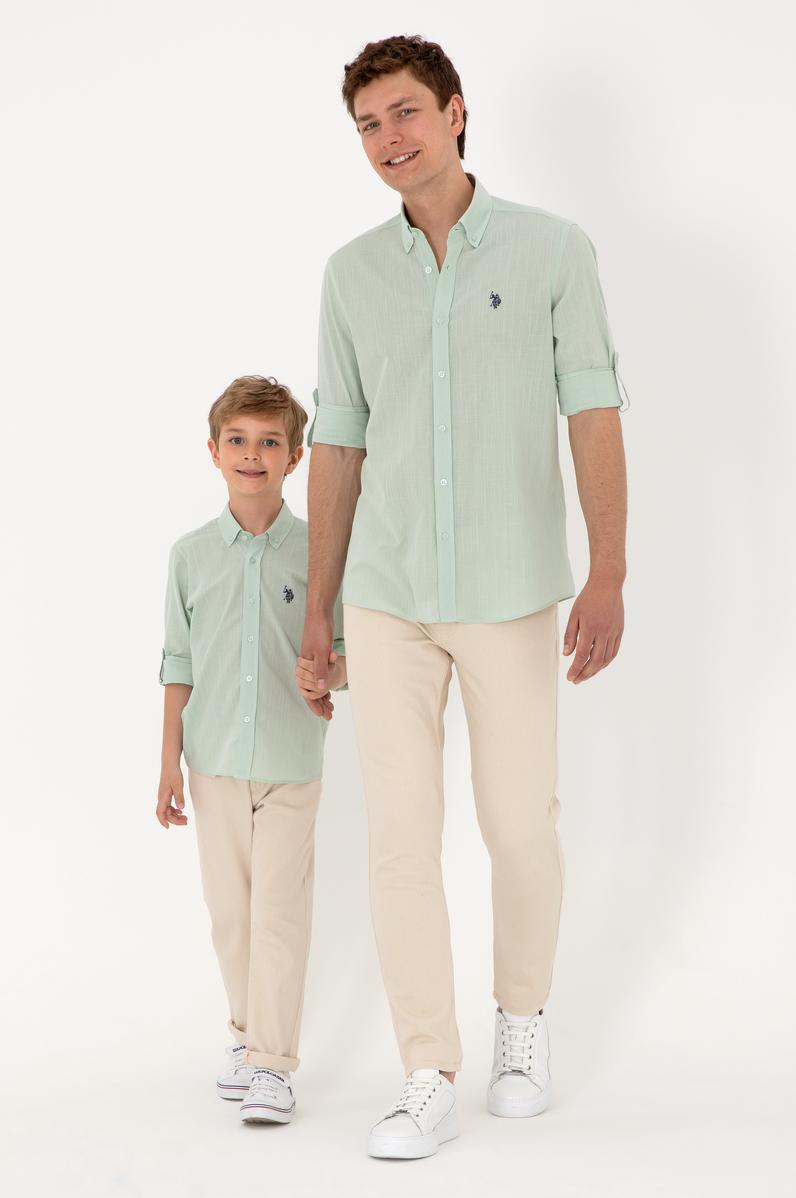 Erkek Su Yeşili Keten Görünümlü Basic Gömlek