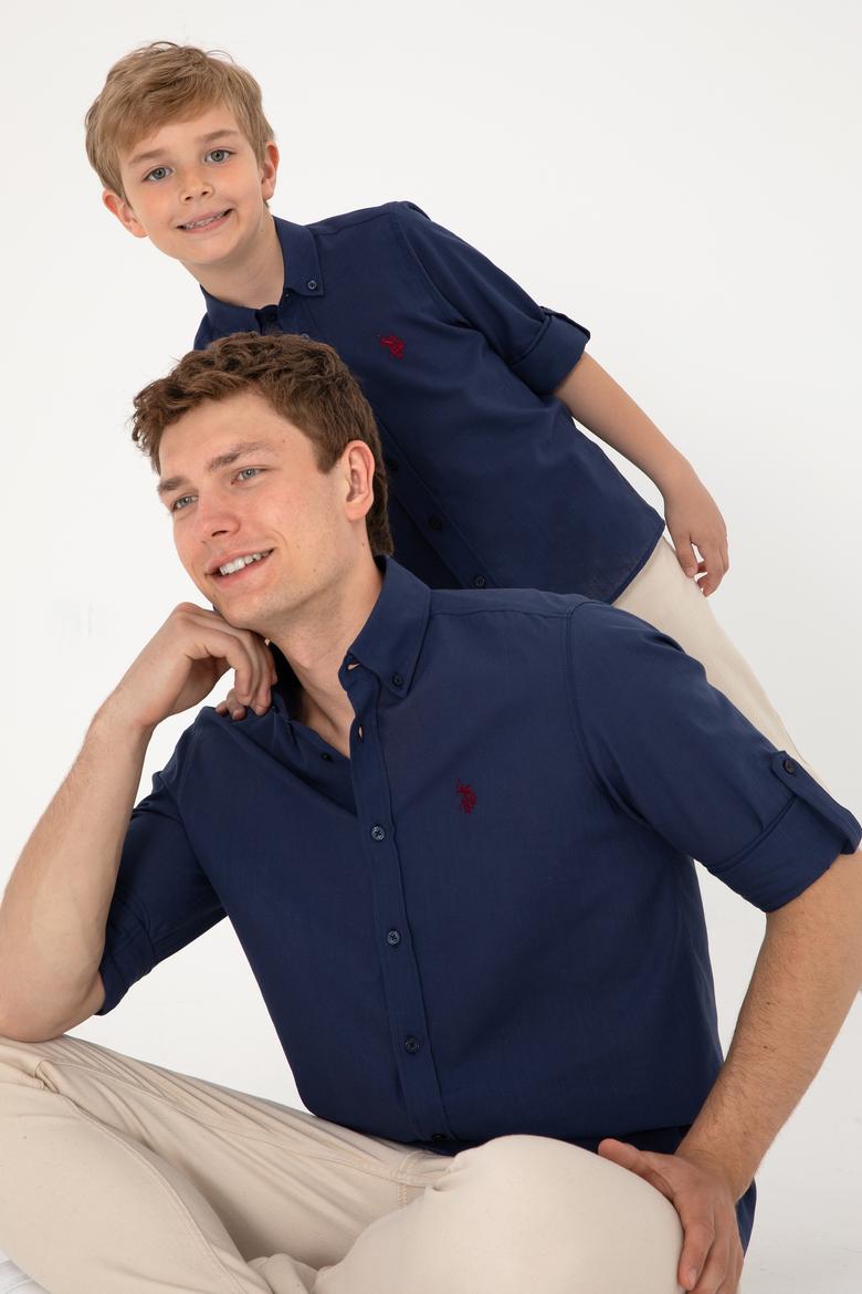 Erkek Lacivert Keten Görünümlü Basic Gömlek - 50306285014