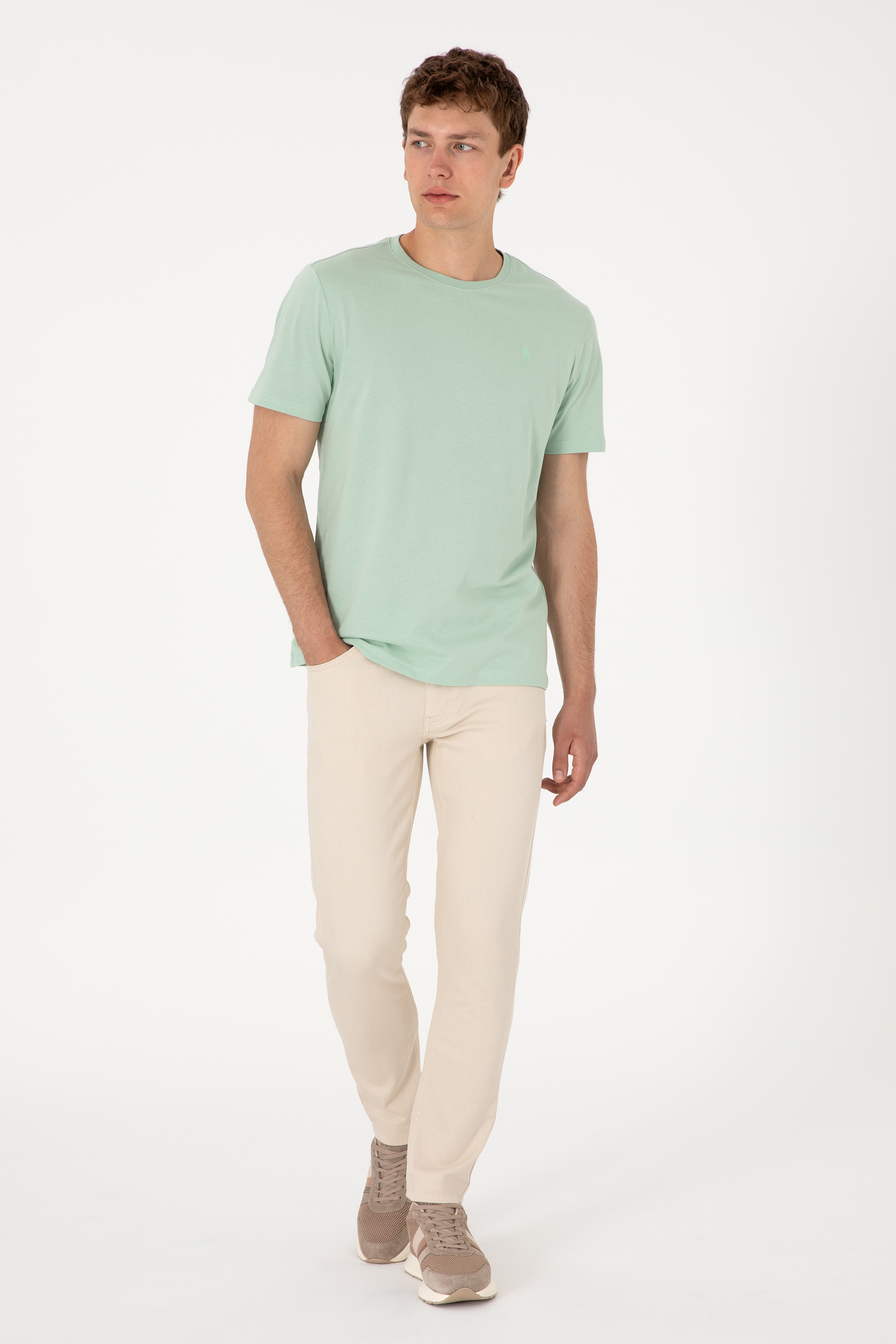 Erkek Regular Fit Bisiklet Yaka Su Yeşili Basic Tişört