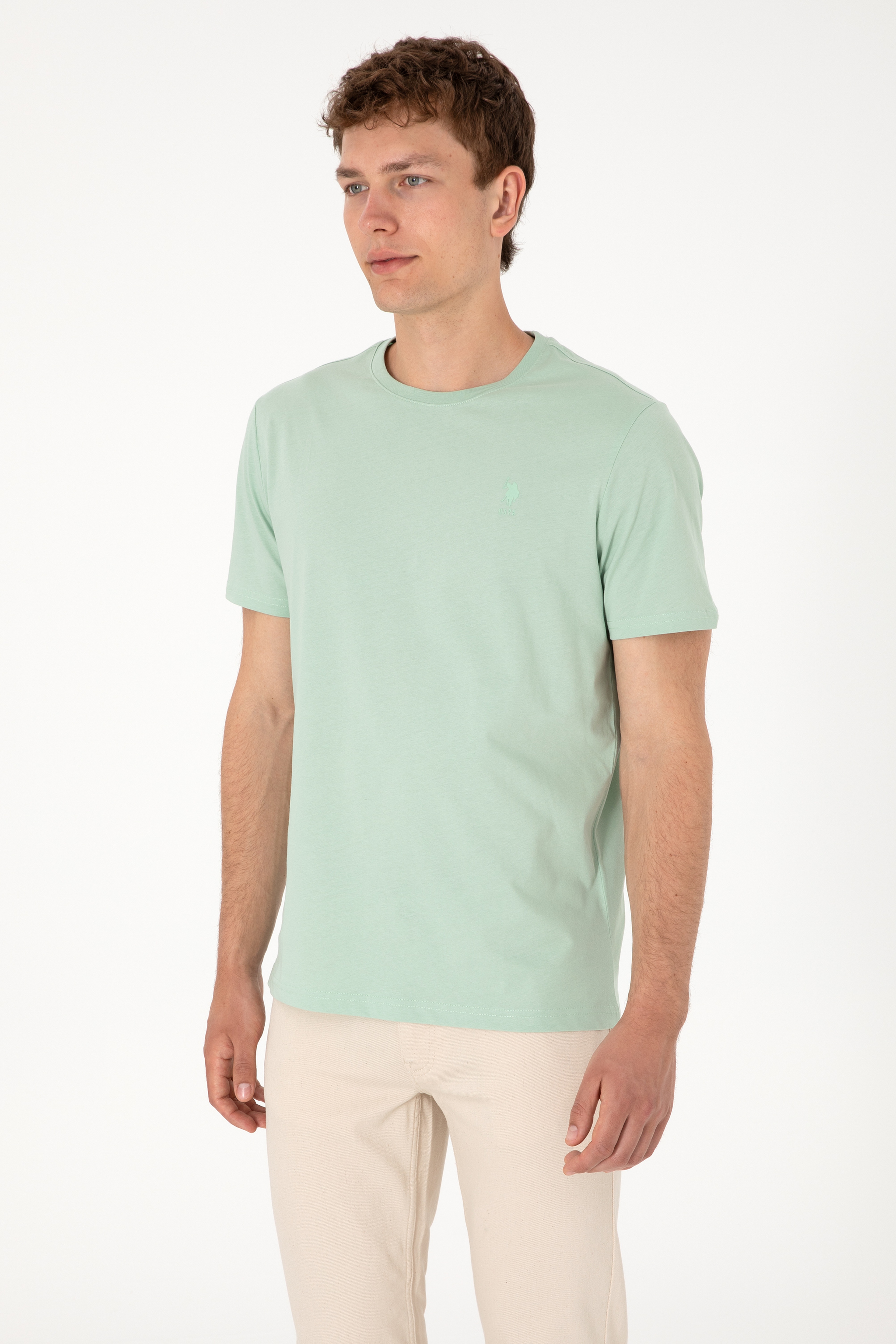 Erkek Regular Fit Bisiklet Yaka Su Yeşili Basic Tişört - Image 5