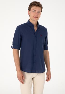 Erkek Lacivert Keten Görünümlü Basic Gömlek - 50306285014