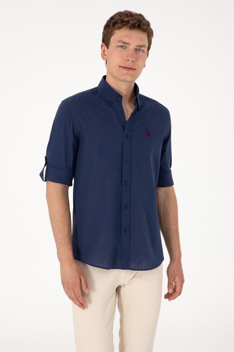 Erkek Lacivert Keten Görünümlü Basic Gömlek - 50306285014