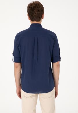Erkek Lacivert Keten Görünümlü Basic Gömlek - 50306285014