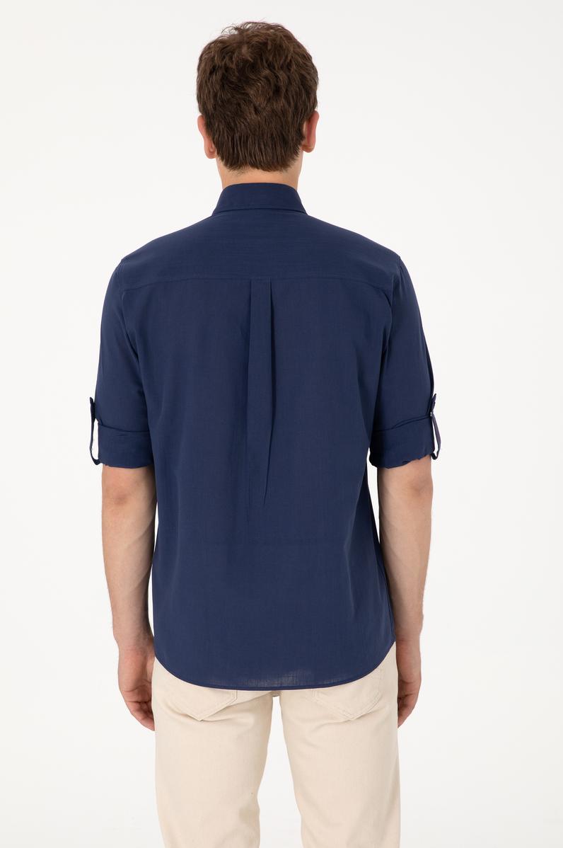 Erkek Lacivert Keten Görünümlü Basic Gömlek