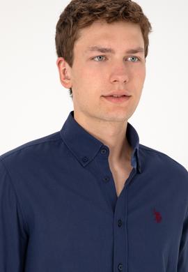 Erkek Lacivert Keten Görünümlü Basic Gömlek - 50306285014