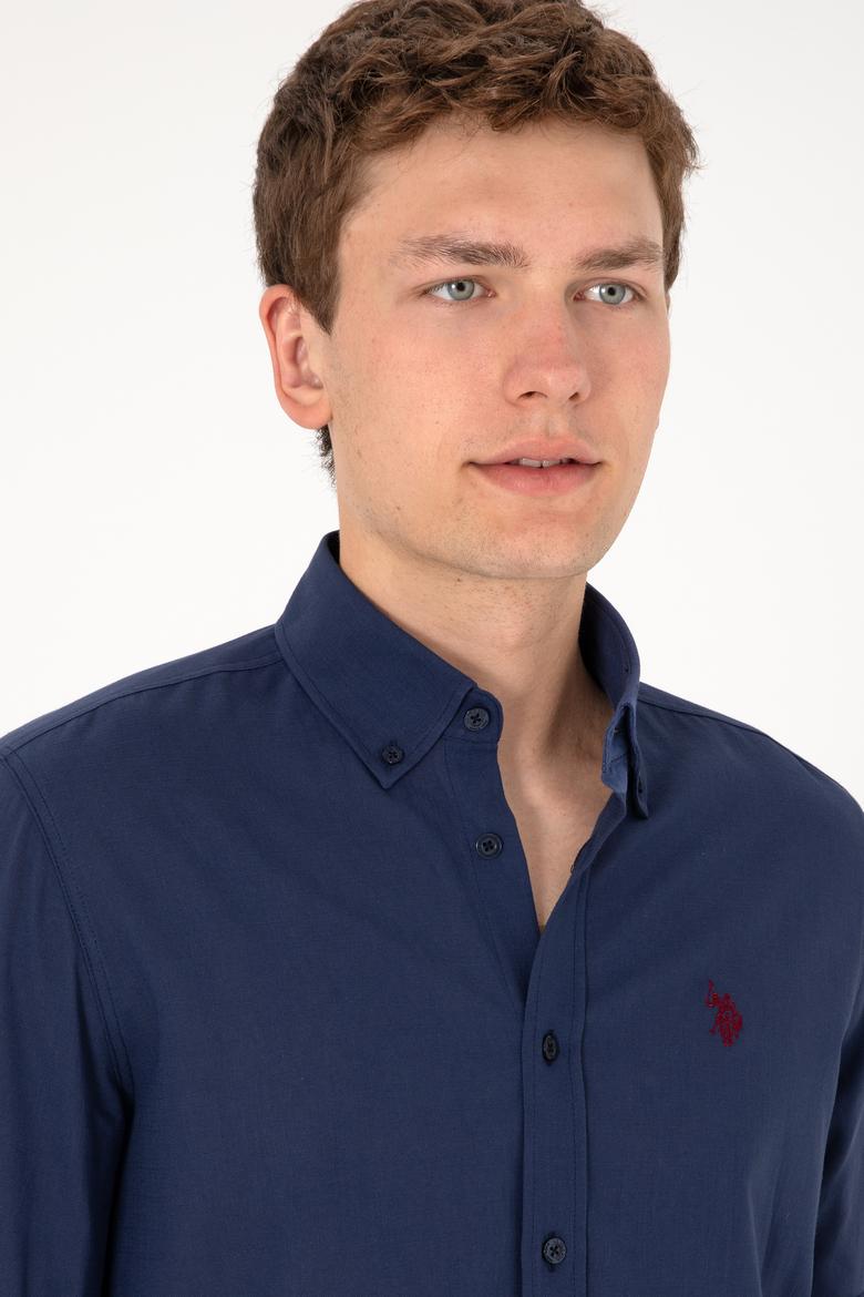 Erkek Lacivert Keten Görünümlü Basic Gömlek - 50306285014