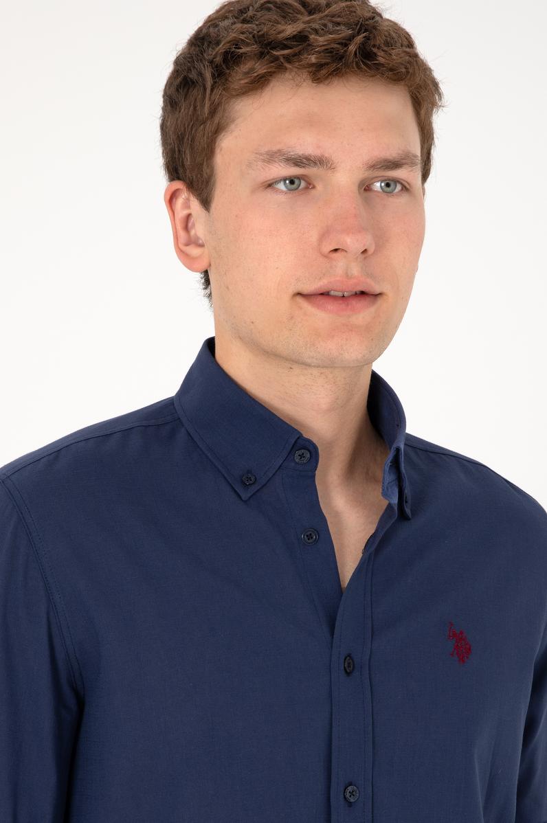 Erkek Lacivert Keten Görünümlü Basic Gömlek