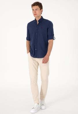 Erkek Lacivert Keten Görünümlü Basic Gömlek - 50306285014