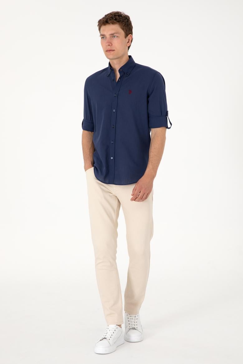 Erkek Lacivert Keten Görünümlü Basic Gömlek - 50306285014