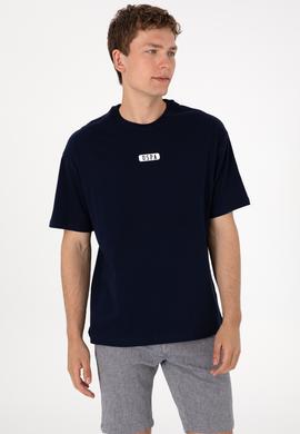 Erkek Oversize Fit Bisiklet Yaka Lacivert Tişört - 50305923007