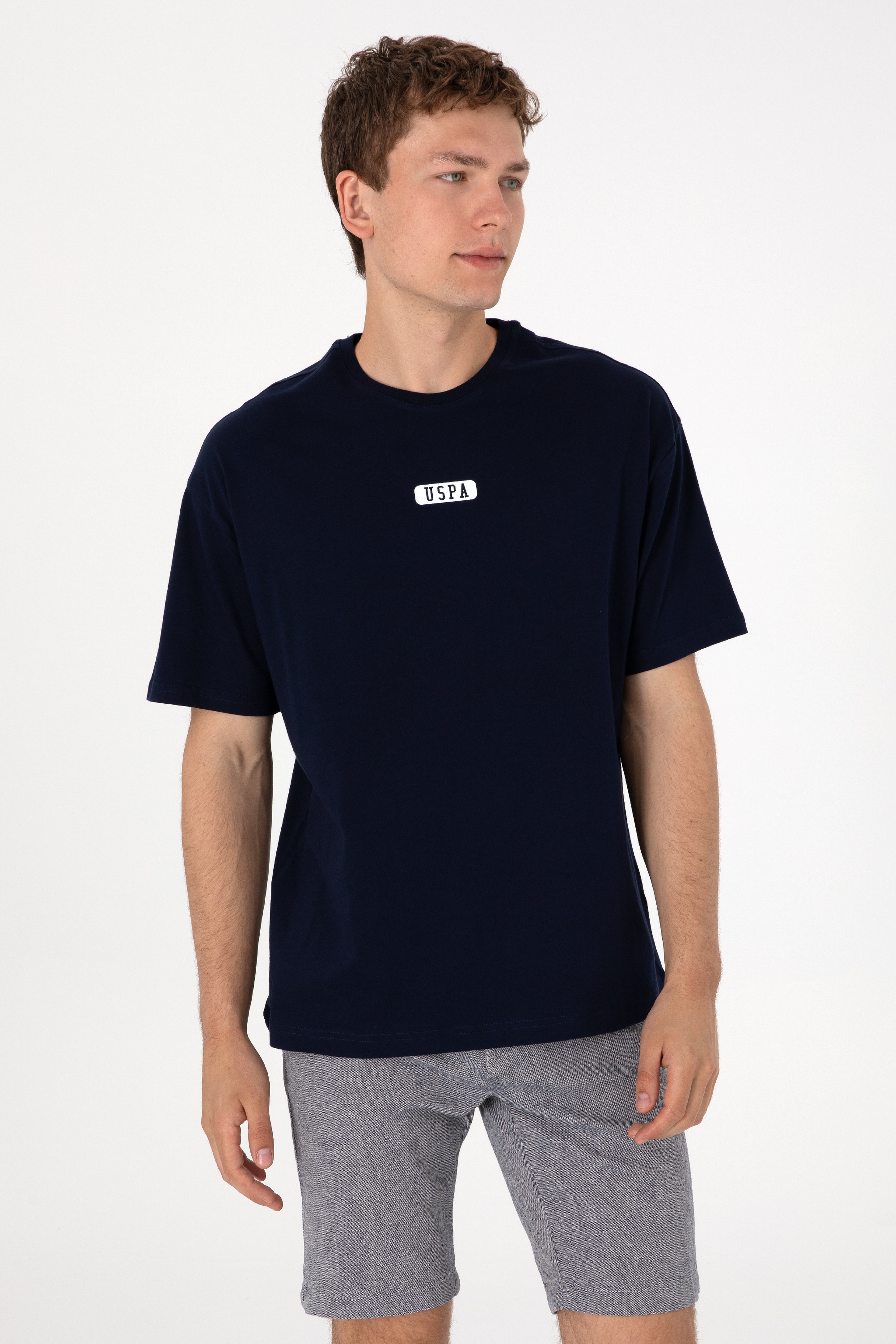 Erkek Oversize Fit Bisiklet Yaka Lacivert Tişört - Image 3
