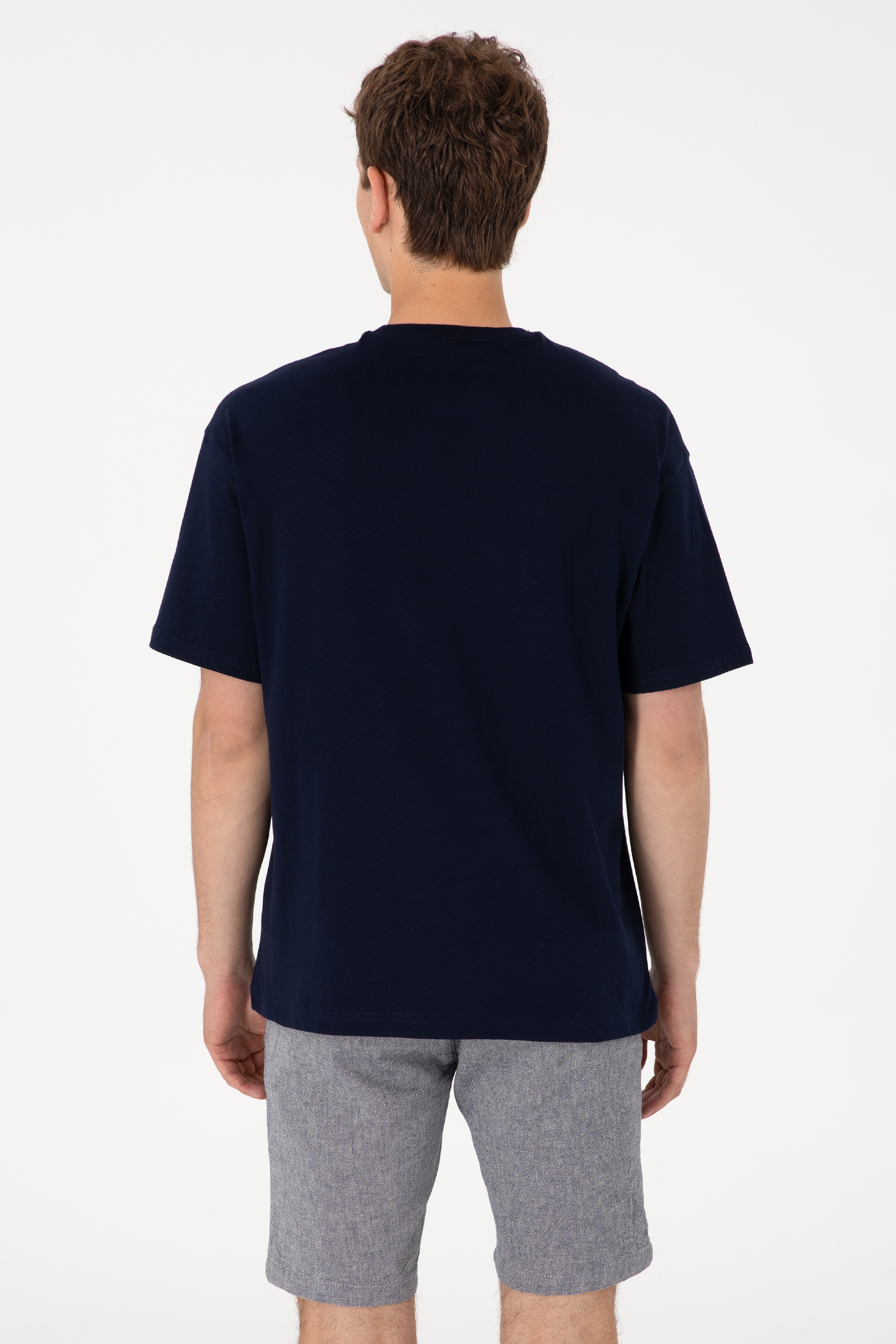 Erkek Oversize Fit Bisiklet Yaka Lacivert Tişört - Image 7