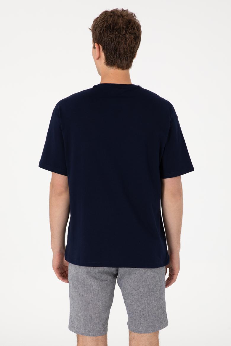 Erkek Oversize Fit Bisiklet Yaka Lacivert Tişört - 50305923007