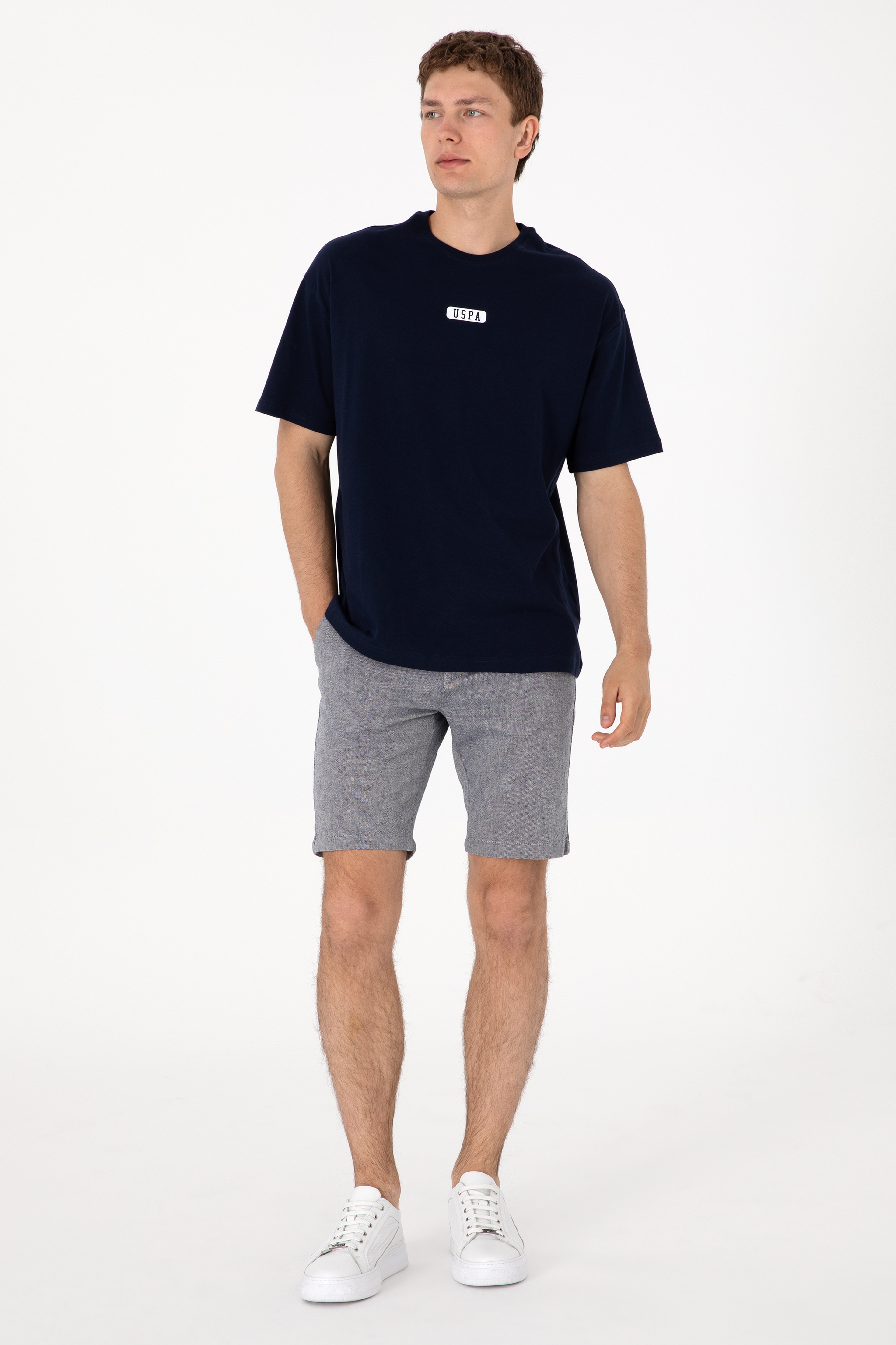 Erkek Oversize Fit Bisiklet Yaka Lacivert Tişört - Image 6