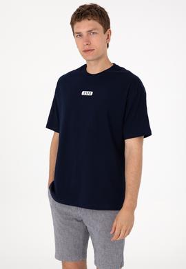 Erkek Oversize Fit Bisiklet Yaka Lacivert Tişört - 50305923007